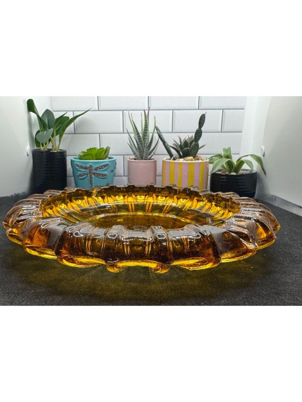 Vintage Fostoria Amber Heavy Glass Fluted Edge Ashtray Sunburst Design